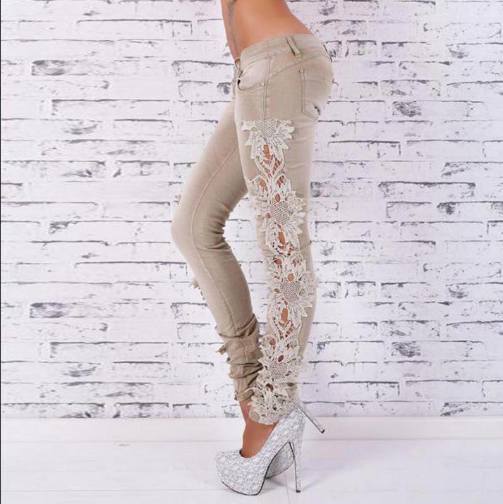 F8907 Sexy Women  s Denim Beige Skinny Jeans Crochet Lace Party Jeans